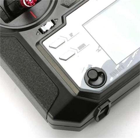 Close-up of FPV Racing Drone Radio Transmitter Built For 2.4G AFHDS 2A 10CH Ready For Fast FPV Flights showing control buttons.