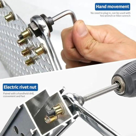 Premium Complete Rivet Nut Pliers Set Featuring Six Interchangeable Mandrels For M3 To M10 Projects Plus 60 Carbon Steel Metric Rivet Nuts used on metal panels