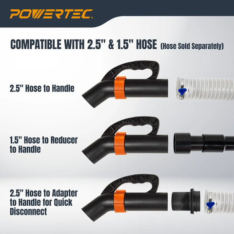 Two And A Half Inch Dust Collection Hose Floor Sweep Kit with hose and handle connections, showing compatibility with adapters.