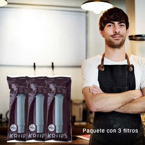 Aqua Filter System Water Filtration Cartridge 3 Pack for Precise Tamp Espresso Machines displayed by barista in apron
