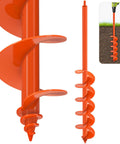 Close-up of Heavy Duty Garden Auger Drill Bit For Planting 4x32 Inches With Double Helix Design showing orange spirals and drill application.