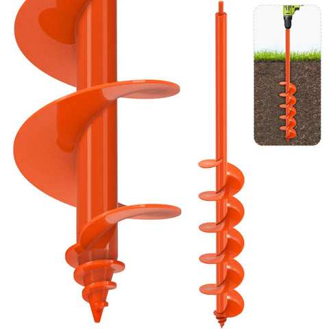 Close-up of Heavy Duty Garden Auger Drill Bit For Planting 4x32 Inches With Double Helix Design showing orange spirals and drill application.