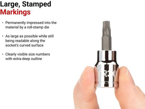 Large stamped markings on TR10 socket from Three Eighths Inch Drive Tamper-Resistant Torx Bit Socket Set With Rail, 12-Piece