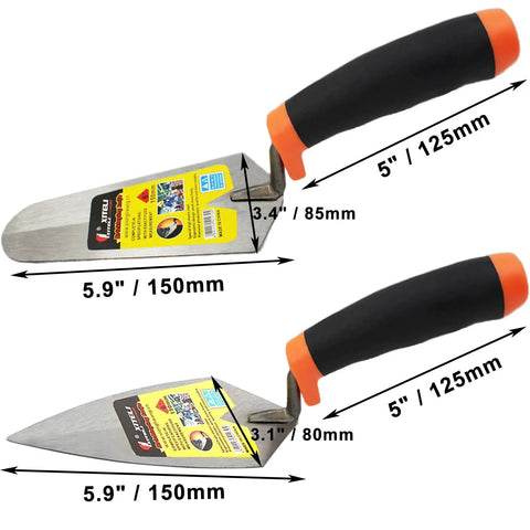 2-Piece Pointing And Gauging Trowel Set, 6 Inch Masonry Hand Tools With Soft Grip Handles, Carbon Steel Margin Trowels