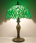 Green Tiffany Style Stained Glass Table Lamp For Desk And Bedside Use 12x12x18 Inch Antique Green Bronze Base UL Listed Cozy Reading Light