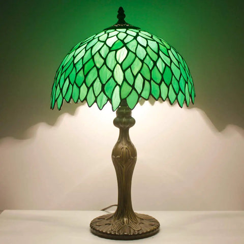 Green Tiffany Style Stained Glass Table Lamp For Desk And Bedside Use 12x12x18 Inch Antique Green Bronze Base UL Listed Cozy Reading Light