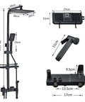 RIBEUJIZS Digital Shower System, Black Themostatic Digital Display dimensions including rainfall showerhead and handheld sprayer.