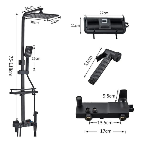 RIBEUJIZS Digital Shower System, Black Themostatic Digital Display Shower Faucet with dimensions for installation.