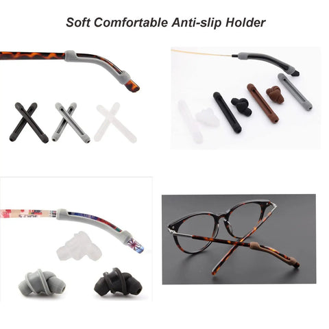 Soft Silicone Eyeglass Temple Tips Sleeve Retainer 8 Pairs No Slip Ear Grips For Eyewear shown with eyeglasses