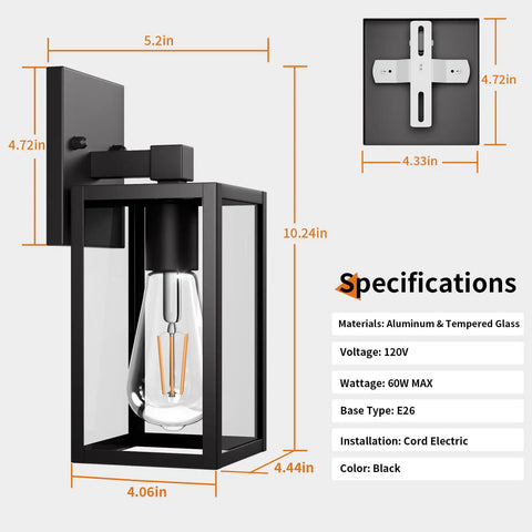 All Season Black Wall Sconces Built Tough To Beat The Elements With Heavy Duty Aluminum And Rainproof Glass E26 Socket Waterproof Exterior Lights For Porches Driveways And Garages Two Pack Set dimensions with specifications shown.