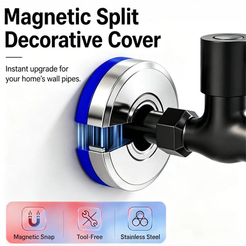 Two Piece Magnetic Split Faucet Covers Adjustable Pipe Escutcheon Plates Quick Snap Magnet Install No Sweat Setup Snug Fit Cover For Hidden U Pipes Under Sink on a black pipe.
