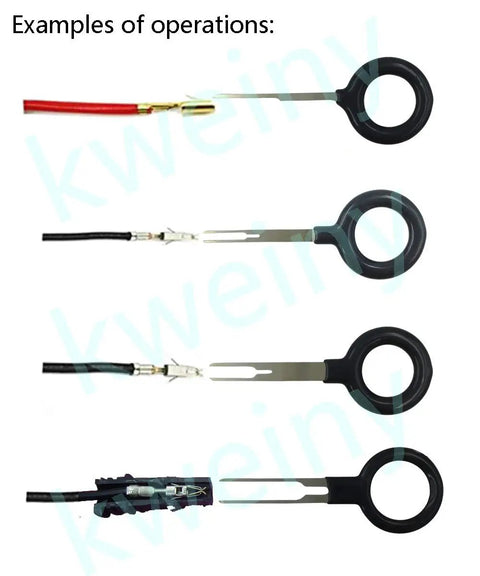11 Piece Automotive Terminal Removal Key Kit With Connector Pin Release Tool Set showing various extraction tools in use on wiring.