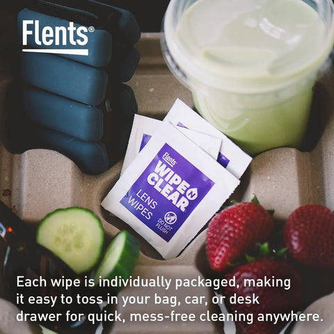 Flents lens wipes sachets, individually wrapped for travel, purple-labeled packets, front view