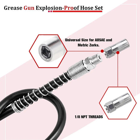Go To 20 Inch Heavy Duty High Pressure Grease Gun Hose Kit With 10000 PSI Nylon Flex Hose One Eighth NPT Threads Coupler Universal Fit Whip Tube Extension For Auto Shop Use showing connectors and threads