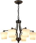 Six Light Large Chandelier With Alabaster Glass Shades In Oil Rubbed Bronze Finish, Adjustable Ceiling Hanging Fixture For Dining Room