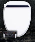 Top Shelf Smart Bidet Toilet Seat Featuring Instant Heated Cushion And Automatic Washing Functions Slick Remote Control angle view with control panel