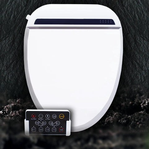 Top Shelf Smart Bidet Toilet Seat Featuring Instant Heated Cushion And Automatic Washing Functions Slick Remote Control angle view with control panel