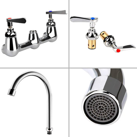 Commercial Wall Mount Kitchen Faucet With 8-Inch Center Gooseneck Swivel Spout, Two Handles, Heavy Duty Brass Chrome Finish