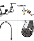 Wall Mount Commercial Kitchen Faucet With 8 Inch Center, 6 Inch Gooseneck Swivel Spout, Dual Handles, Brass Construction, Rust Resistant Chrome Finish, 2 GPM Max Flow, Heavy Duty Workhorse Utility Sink Tap For Prep Stations