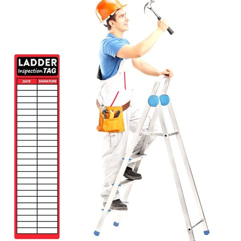 Heavy Duty Red Ladder Inspection Labels 120 Pack Real Deal Safety Stickers For Job Site Checks and crew step tagging on ladder with worker.