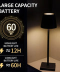 Rechargeable LED Table Lamp Cordless Dimmable Touch Lamp For Bedroom And Desk Dope Portable Decorative Light For Home Office Bar Rugged Metal Body Waterproof Sleek Black with 60-hour battery life on display