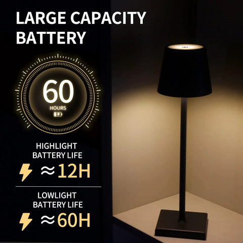 Rechargeable LED Table Lamp Cordless Dimmable Touch Lamp For Bedroom And Desk Dope Portable Decorative Light For Home Office Bar Rugged Metal Body Waterproof Sleek Black with 60-hour battery life on display