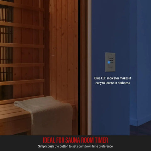 Smart Countdown Timer Switch For Bathroom Exhaust Fans And Lights Preset From 5 Minutes To 4 Hours Night Light LED Indicator next to wooden sauna bench