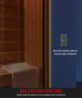 Two Pack Countdown Timer Switch installed in sauna, blue LED indicator, presets 5 10 30 60 minutes and 2 4 hours, 120V neutral required