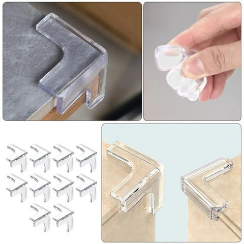Triangular PVC Corner Protectors Set Of 10 With Corner Brace Design for desktops and shelves, clear PVC shown on table edge