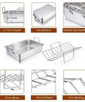 14 Inch Stainless Steel Roasting Pan Set With V Shaped Rack And Baking Rack For Turkey Or Chicken Pro Grade Heavy Duty