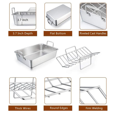 14 Inch Stainless Steel Roasting Pan Set With V Shaped Rack And Baking Rack For Turkey Or Chicken Pro Grade Heavy Duty