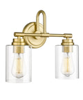 Gold 2-light wall fixture with clear cylindrical glass shades and modern design, ideal for powder rooms or hallways.