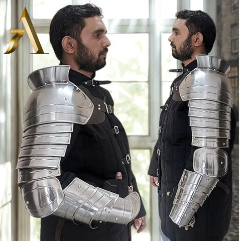Medieval Single Pauldron Spartacus Cosplay Armor Arm Sleeve for LARP Gladiator Knight Costume Silver Metal Full Arm Sleeve