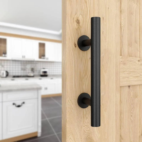 12 Inch Sliding Barn Door Handles Hardware With Flush Finger Pull installed on wooden door, showing black finish and smooth edges.