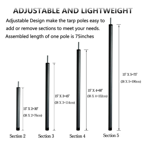 Adjustable Tent Poles For Tarp Canopy Camping steel rods showing sections 2 to 5, 15" increments, black finish, lightweight setup