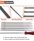 Finetooth 12-pack chainsaw file set with round files (1/8–7/32 in) and 6-in flat file, depth gauge; steel alloy.