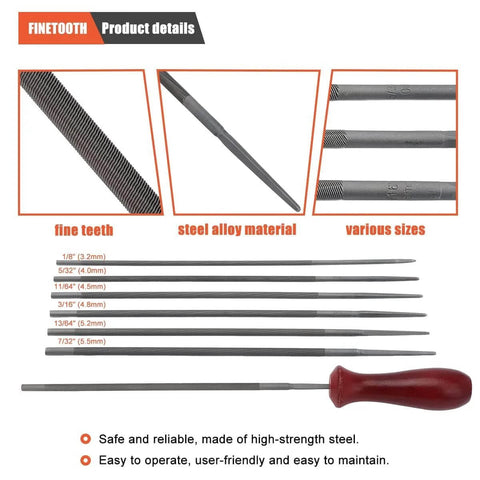 Finetooth 12-pack chainsaw file set with round files (1/8–7/32 in) and 6-in flat file, depth gauge; steel alloy.