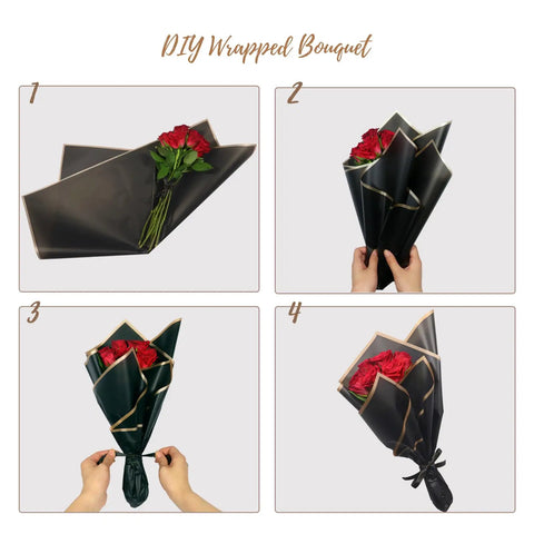 Four-step DIY bouquet wrap using 20 Sheets Black Flower Wrapping Paper With Black Border For Bouquets And DIY Craft Floral Gift Wrap 22.8 Inch