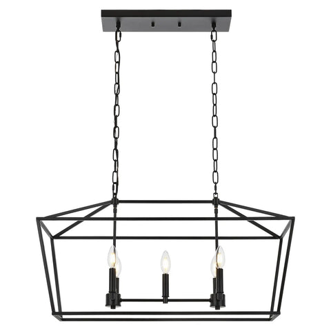Farmhouse Five Light Candle Pendant Chandelier In Matte Black For Dining Room Foyer Or Porch, Industrial Rustic Ceiling Light Fixture With Adjustable 59 Inch Chain And Dimmable Capability displaying modern geometric frame