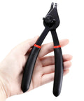 Hand holding a black 9-inch plier from 12 Piece Snap Ring Pliers Set For Internal And External Circlips With Straight And Bent Jaw Tips