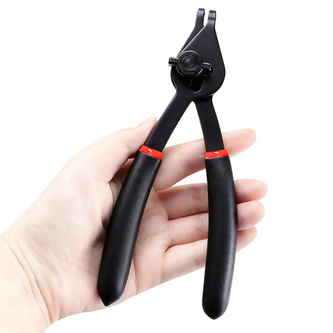 Hand holding a black 9-inch plier from 12 Piece Snap Ring Pliers Set For Internal And External Circlips With Straight And Bent Jaw Tips
