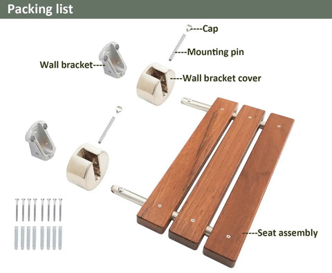 Packing list for Premium Burmese Teak Folding Shower Seat Bench Wall Mounted With Brushed Finish, Solid Teak Wood With Stainless Steel Bars