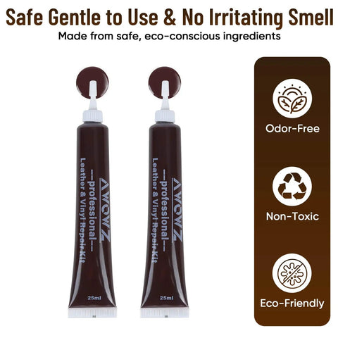 Dark Brown Leather Repair Kit For Furniture And Car Interiors Fixes Faux Leather And Vinyl Tears Scratches Holes Peeling No Sweat Do It Yourself Repair With All Tools shown in two 25ml tubes with non-toxic ingredients.