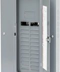 Homeline Load Center 125 Amp Convertible Main Lugs 1 Phase 20 Space 40 Circuit Panel With Cover Ground Bar Plug On Neutral Ready And Fully Distributed Neutral Bar For Easy AFCI Breaker Install Great For Home Panel Upgrades in a vertical position, side view.