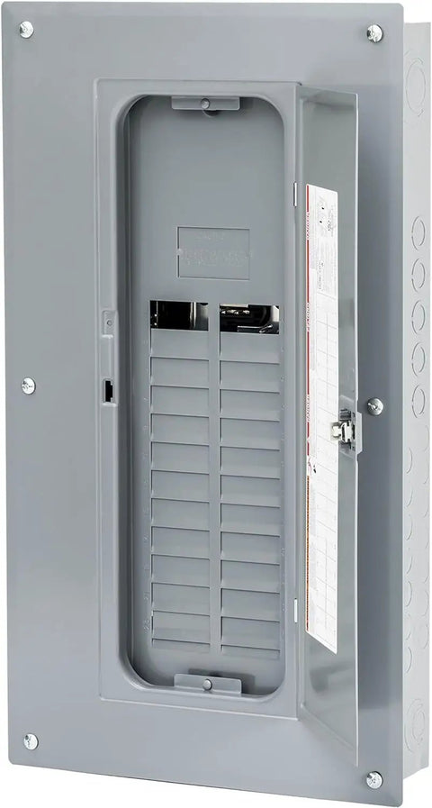 Homeline Load Center 125 Amp Convertible Main Lugs 1 Phase 20 Space 40 Circuit Panel With Cover Ground Bar Plug On Neutral Ready And Fully Distributed Neutral Bar For Easy AFCI Breaker Install Great For Home Panel Upgrades in a vertical position, side view.