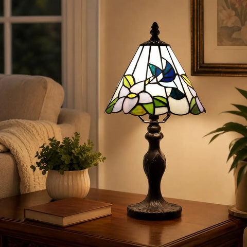Hummingbird Tiffany Style Stained Glass Table Lamp Night Light With 8 Inch Shade And 15 Inch Tall Metal Base Handmade Copper Foil Craft Cozy Vibe For Living Room Or Bedroom E26 40W Max Bulb Not Included on table