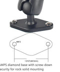Close-up of Go To 1 Inch Ball Phone Mount's aluminum AMPS base with screws for solid mounting on any surface.