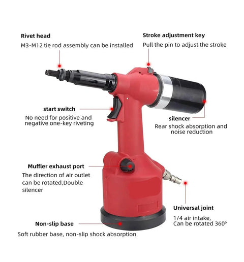 Rivet Nut Gun Kit Set Hydraulic Pneumatic Riveter For M3 To M12 Automatic Rivnut Tool with labeled parts and features