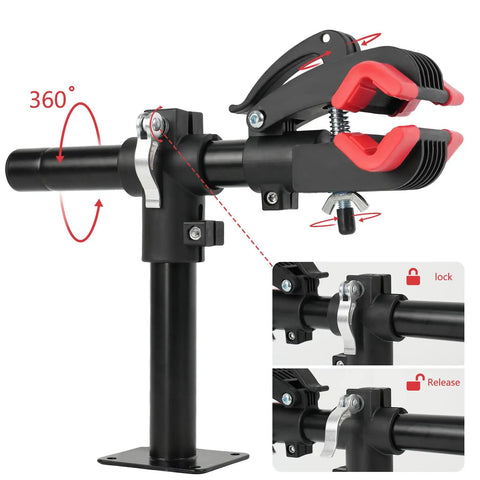 Wall Mount Bike Repair Stand With Height Adjustable Workstand 360 Degree Rotating Clamp To Hold Bikes At Any Angle Soft ABS Frame Protection Stable Four Screw Mount No Frills Setup For Your Home Garage Or Shop, close-up of 360 degree rotating clamp and lock-release mechanism