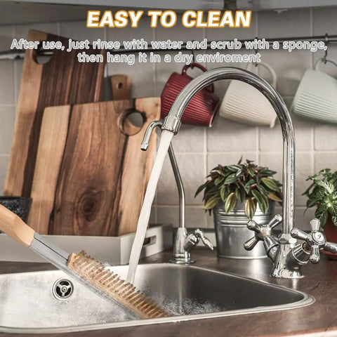 Long Reach Pizza Oven Cleaning Brush With Stainless Steel Scraper And Screwdriver 21 Inch Handle No Scratch Brass Bristles Outdoor Pizza Stone And Bbq Grill Cleaning Kit under running water in kitchen sink